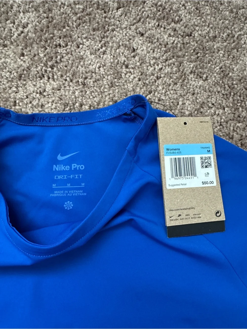 Nike Pro Dri-FIT Women's Cropped Long Sleeve Crew Neck Stretch Top Blue M Gym